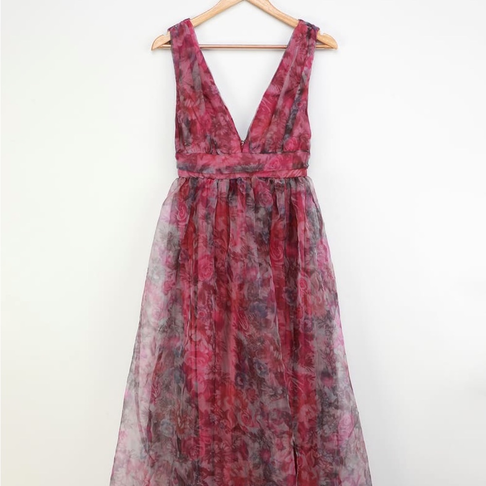 Lulus Garden Romance Magenta Floral Print Organza Maxi Dress
